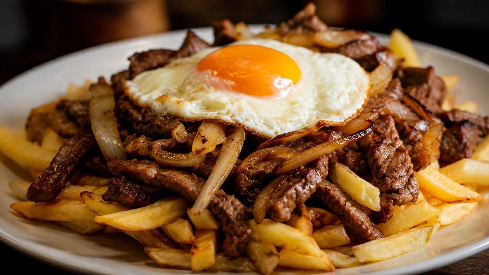 Chorrillana con papas fritas, carne, cebolla y huevo