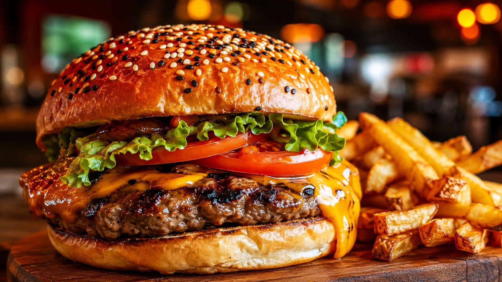 Hamburguesa artesanal con papas fritas de Sabor Divino Express